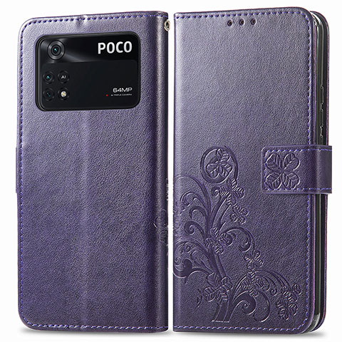 Custodia Portafoglio In Pelle Fiori Cover con Supporto per Xiaomi Poco M4 Pro 4G Viola