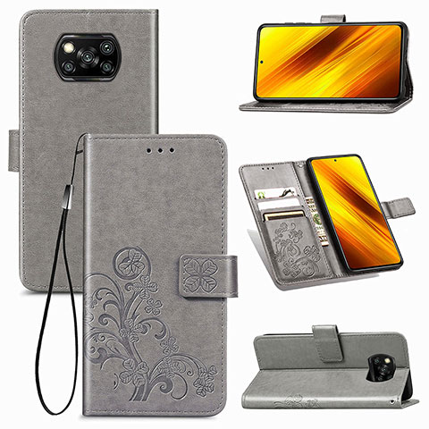 Custodia Portafoglio In Pelle Fiori Cover con Supporto per Xiaomi Poco X3 NFC Grigio