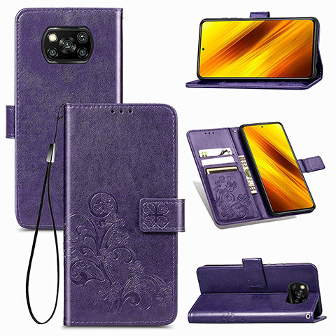 Custodia Portafoglio In Pelle Fiori Cover con Supporto per Xiaomi Poco X3 NFC Viola