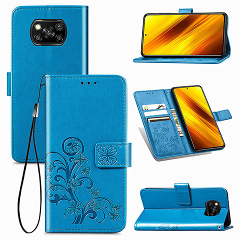 Custodia Portafoglio In Pelle Fiori Cover con Supporto per Xiaomi Poco X3 Pro Blu