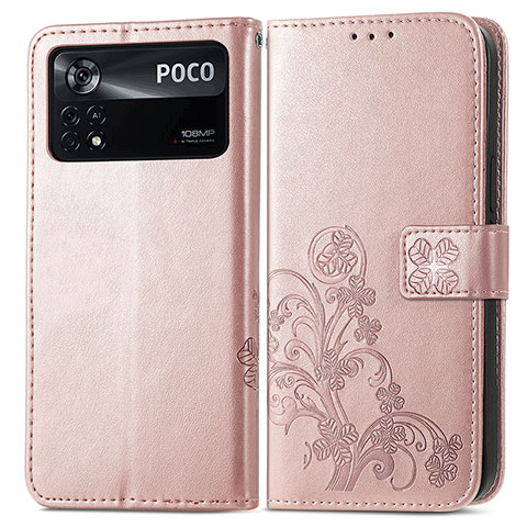 Custodia Portafoglio In Pelle Fiori Cover con Supporto per Xiaomi Poco X4 Pro 5G Rosa