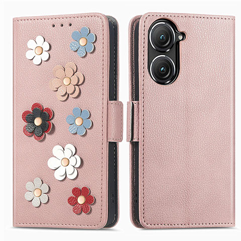 Custodia Portafoglio In Pelle Fiori Cover con Supporto S02D per Asus Zenfone 9 Oro Rosa