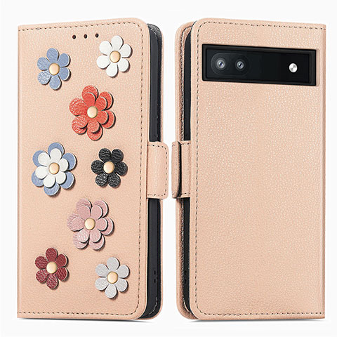 Custodia Portafoglio In Pelle Fiori Cover con Supporto S02D per Google Pixel 6a 5G Khaki