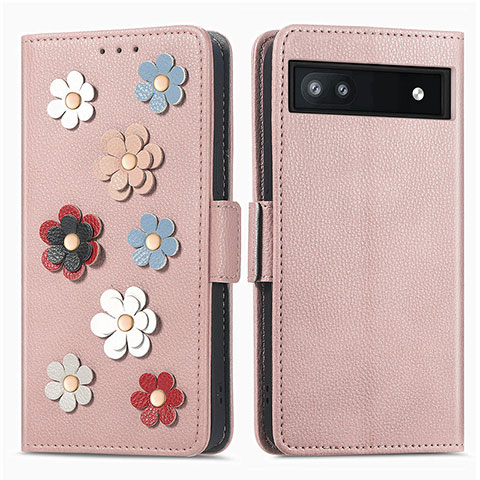 Custodia Portafoglio In Pelle Fiori Cover con Supporto S02D per Google Pixel 6a 5G Oro Rosa