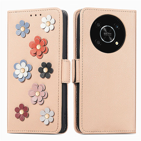 Custodia Portafoglio In Pelle Fiori Cover con Supporto S02D per Huawei Enjoy 50 Pro Khaki