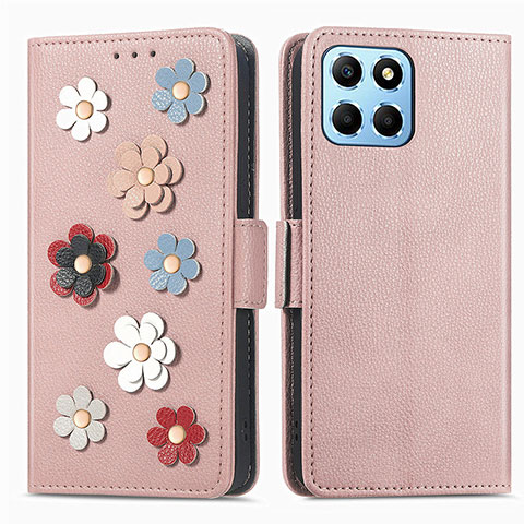 Custodia Portafoglio In Pelle Fiori Cover con Supporto S02D per Huawei Honor 70 Lite 5G Oro Rosa