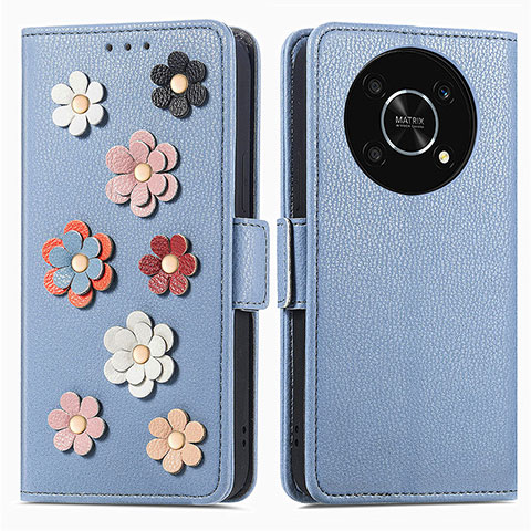 Custodia Portafoglio In Pelle Fiori Cover con Supporto S02D per Huawei Honor Magic4 Lite 5G Blu