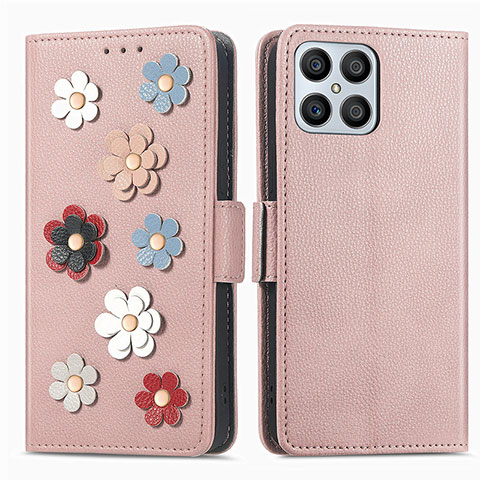 Custodia Portafoglio In Pelle Fiori Cover con Supporto S02D per Huawei Honor X8 4G Oro Rosa