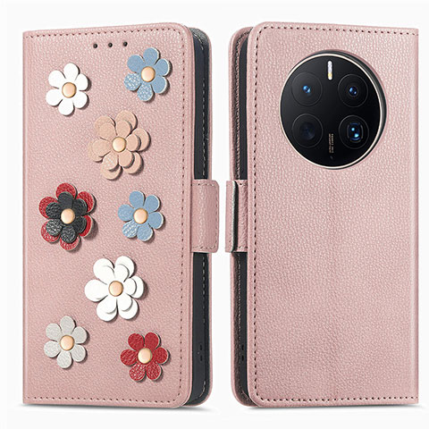 Custodia Portafoglio In Pelle Fiori Cover con Supporto S02D per Huawei Mate 50 Pro Oro Rosa