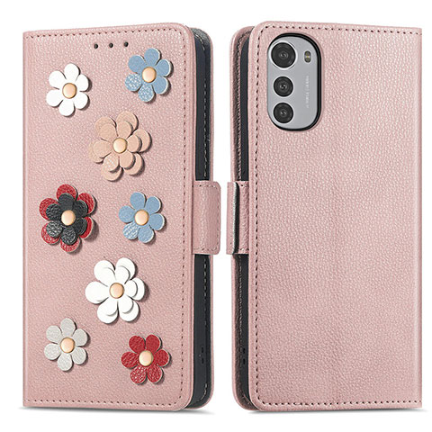 Custodia Portafoglio In Pelle Fiori Cover con Supporto S02D per Motorola Moto E32 Oro Rosa