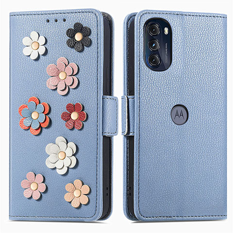 Custodia Portafoglio In Pelle Fiori Cover con Supporto S02D per Motorola Moto G 5G (2022) Blu