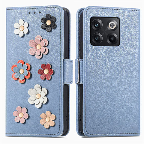 Custodia Portafoglio In Pelle Fiori Cover con Supporto S02D per OnePlus 10T 5G Blu