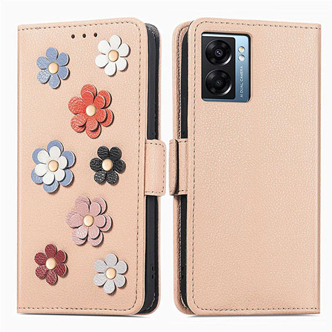 Custodia Portafoglio In Pelle Fiori Cover con Supporto S02D per Oppo A77 5G Khaki