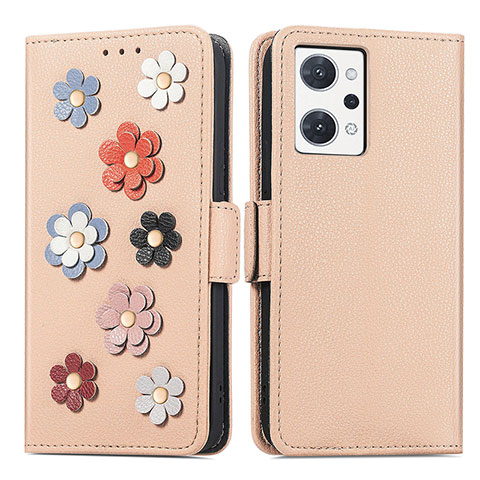 Custodia Portafoglio In Pelle Fiori Cover con Supporto S02D per Oppo Reno7 A Khaki