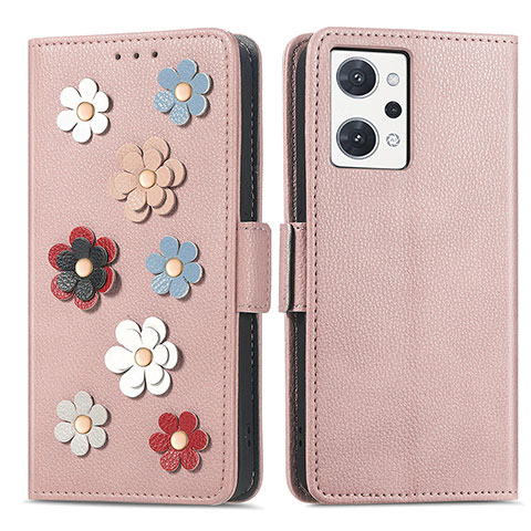 Custodia Portafoglio In Pelle Fiori Cover con Supporto S02D per Oppo Reno7 A Oro Rosa