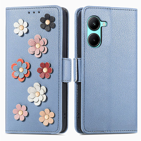 Custodia Portafoglio In Pelle Fiori Cover con Supporto S02D per Realme C33 (2023) Blu