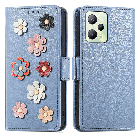 Custodia Portafoglio In Pelle Fiori Cover con Supporto S02D per Realme C35 Blu