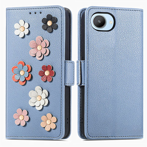 Custodia Portafoglio In Pelle Fiori Cover con Supporto S02D per Realme Narzo 50i Prime Blu