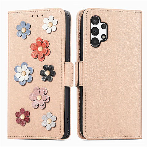 Custodia Portafoglio In Pelle Fiori Cover con Supporto S02D per Samsung Galaxy A13 4G Khaki