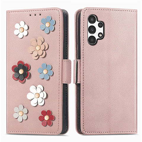 Custodia Portafoglio In Pelle Fiori Cover con Supporto S02D per Samsung Galaxy A13 4G Oro Rosa