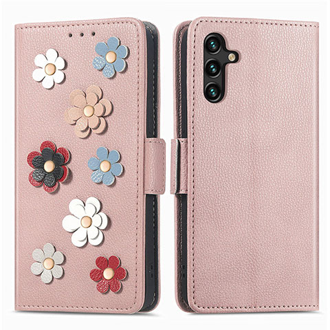 Custodia Portafoglio In Pelle Fiori Cover con Supporto S02D per Samsung Galaxy A13 5G Oro Rosa