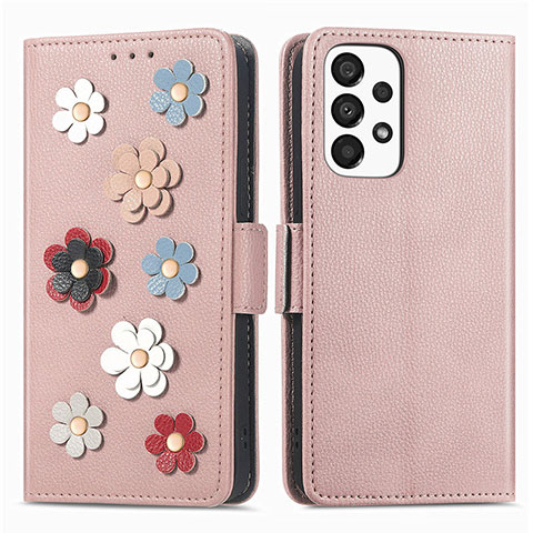 Custodia Portafoglio In Pelle Fiori Cover con Supporto S02D per Samsung Galaxy A33 5G Oro Rosa