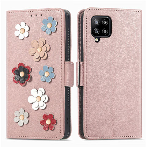 Custodia Portafoglio In Pelle Fiori Cover con Supporto S02D per Samsung Galaxy A42 5G Oro Rosa