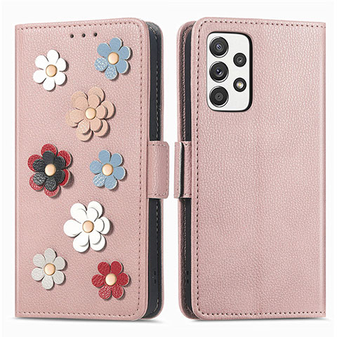 Custodia Portafoglio In Pelle Fiori Cover con Supporto S02D per Samsung Galaxy A52 5G Oro Rosa