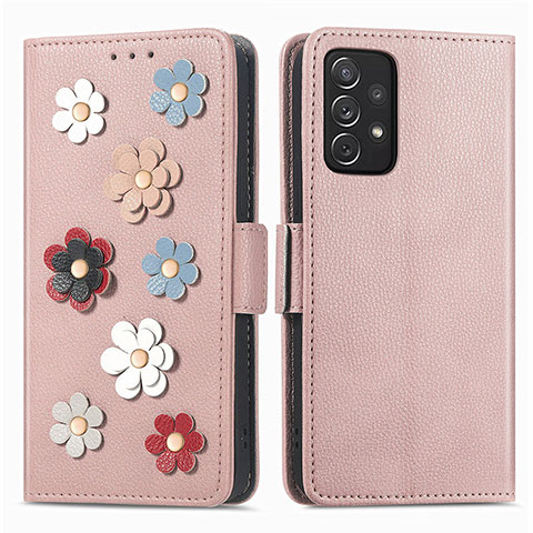 Custodia Portafoglio In Pelle Fiori Cover con Supporto S02D per Samsung Galaxy A72 5G Oro Rosa