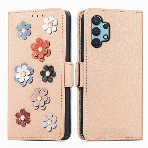 Custodia Portafoglio In Pelle Fiori Cover con Supporto S02D per Samsung Galaxy M32 5G Khaki