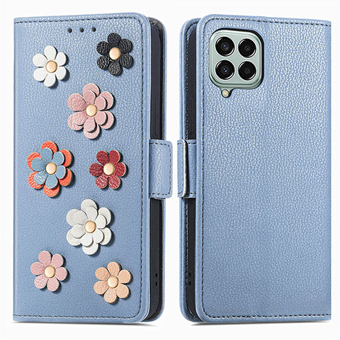 Custodia Portafoglio In Pelle Fiori Cover con Supporto S02D per Samsung Galaxy M33 5G Blu