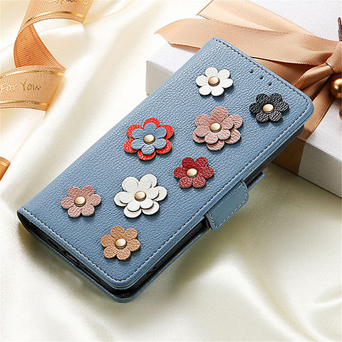 Custodia Portafoglio In Pelle Fiori Cover con Supporto S02D per Samsung Galaxy S23 Plus 5G Blu