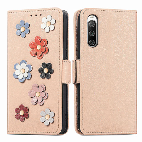 Custodia Portafoglio In Pelle Fiori Cover con Supporto S02D per Sony Xperia 10 V Khaki