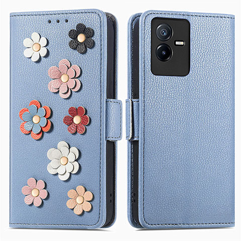 Custodia Portafoglio In Pelle Fiori Cover con Supporto S02D per Vivo T2x 5G Blu