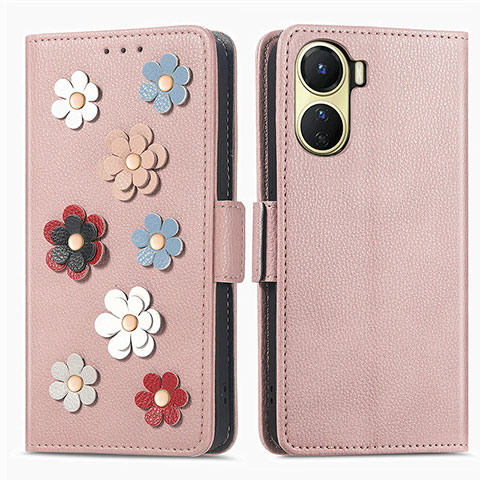 Custodia Portafoglio In Pelle Fiori Cover con Supporto S02D per Vivo Y02S Oro Rosa