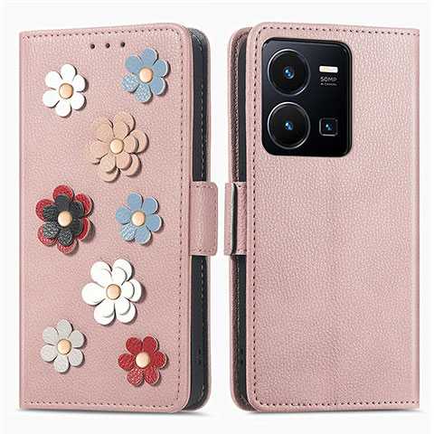 Custodia Portafoglio In Pelle Fiori Cover con Supporto S02D per Vivo Y35 4G Oro Rosa