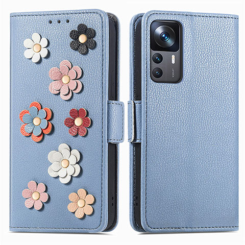 Custodia Portafoglio In Pelle Fiori Cover con Supporto S02D per Xiaomi Mi 12T 5G Blu