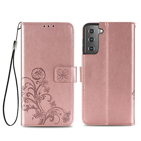 Custodia Portafoglio In Pelle Fiori Cover con Supporto S03D per Samsung Galaxy S21 Plus 5G Rosa