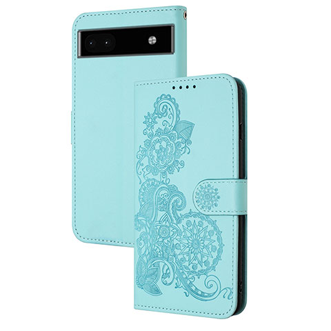 Custodia Portafoglio In Pelle Fiori Cover con Supporto Y01X per Google Pixel 6a 5G Azzurro