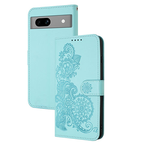 Custodia Portafoglio In Pelle Fiori Cover con Supporto Y01X per Google Pixel 7a 5G Azzurro