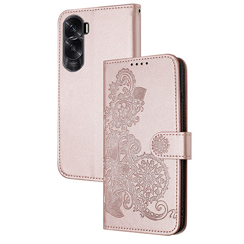 Custodia Portafoglio In Pelle Fiori Cover con Supporto Y01X per Huawei Honor 90 Lite 5G Oro Rosa