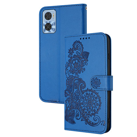 Custodia Portafoglio In Pelle Fiori Cover con Supporto Y01X per Motorola Moto E22 Blu