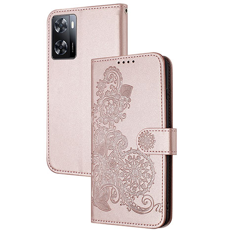 Custodia Portafoglio In Pelle Fiori Cover con Supporto Y01X per Oppo A77s Oro Rosa