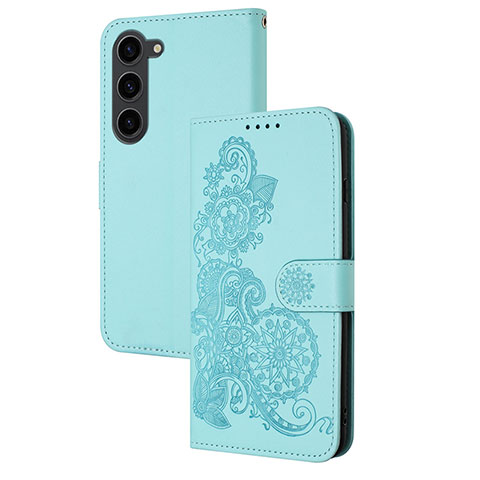 Custodia Portafoglio In Pelle Fiori Cover con Supporto Y01X per Samsung Galaxy S22 5G Azzurro