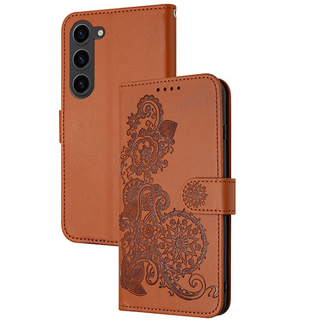 Custodia Portafoglio In Pelle Fiori Cover con Supporto Y01X per Samsung Galaxy S22 Plus 5G Marrone