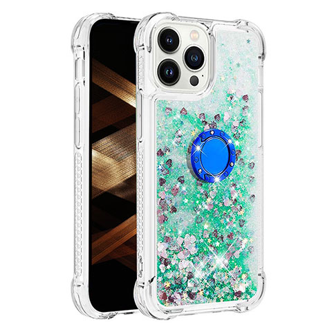 Custodia Silicone Cover Morbida Bling-Bling con Anello Supporto S01 per Apple iPhone 13 Pro Verde