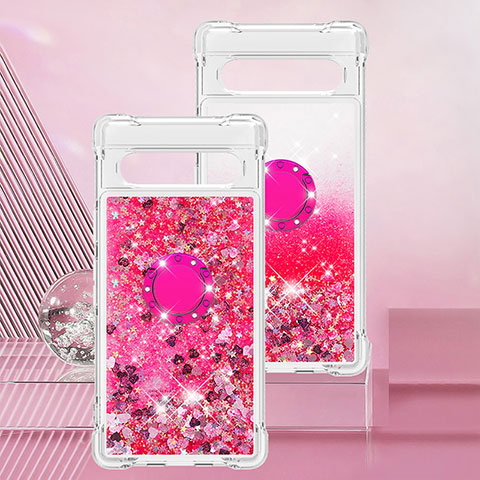 Custodia Silicone Cover Morbida Bling-Bling con Anello Supporto S01 per Google Pixel 7a 5G Rosa Caldo