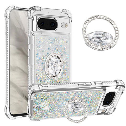 Custodia Silicone Cover Morbida Bling-Bling con Anello Supporto S01 per Google Pixel 8 5G Argento