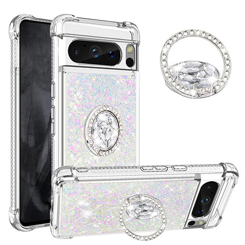 Custodia Silicone Cover Morbida Bling-Bling con Anello Supporto S01 per Google Pixel 8 Pro 5G Rosa