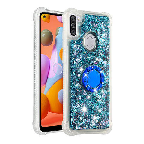 Custodia Silicone Cover Morbida Bling-Bling con Anello Supporto S01 per Samsung Galaxy A11 Blu